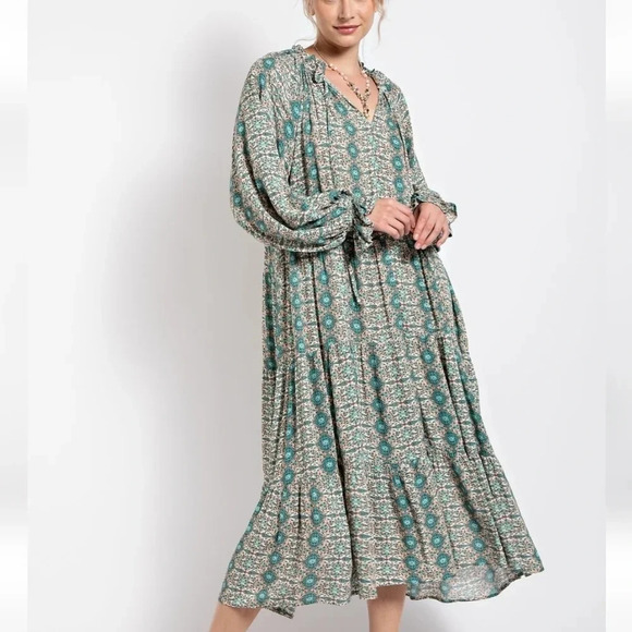 Easel Paisley Mint Green Printed Long Sleeve Gauze Maxi Dress New - Picture 2 of 7